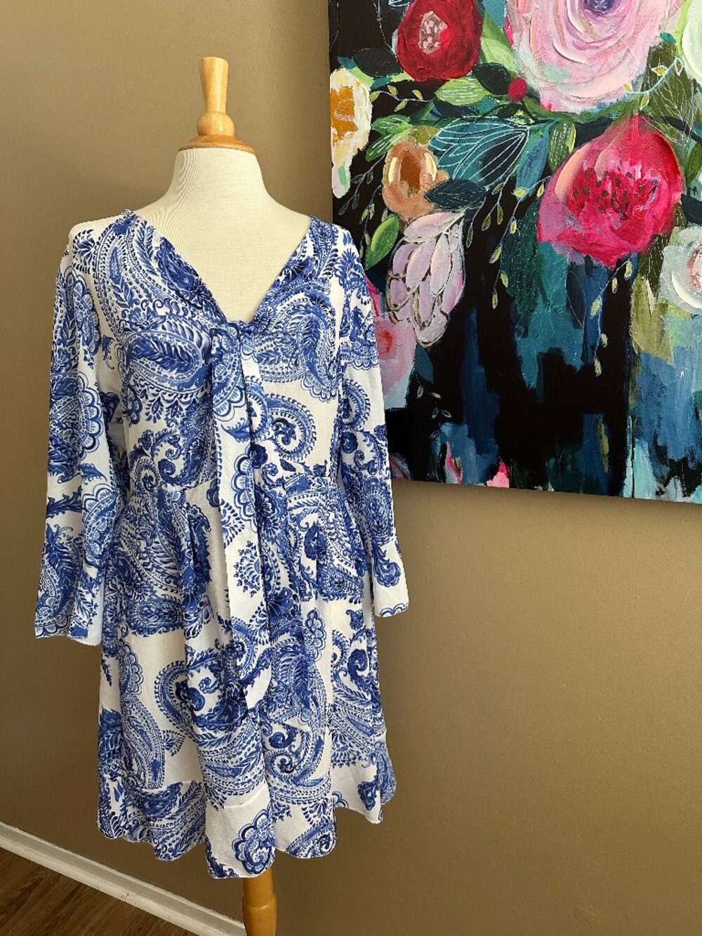 Boohoo Blue White Paisley Tie Front Dress UK 24 US 20 Plus Size Coastal Boho